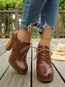 Vintage Patchwork Brogue Embossed Leather Shoes, Women's Closed Toe, Thick Sole, High Heel, Oxford Shoes, Business Office Shoes, Office & Formal Wear, All Seasons