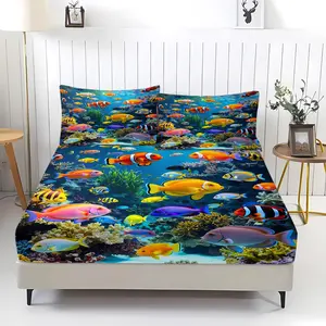 Underwater World Colorful 3pcs Fitted Sheet Set, Ocean Fresh Bedding Set.Featuring Tropical Fish Clownfishn Butterflyfish Coral Seaweed. Bright, Soothing Dreamy Comfortable, Made Soft Microfiber Material, Includes 2 Pillowcases, Not Include Pillow Insert.