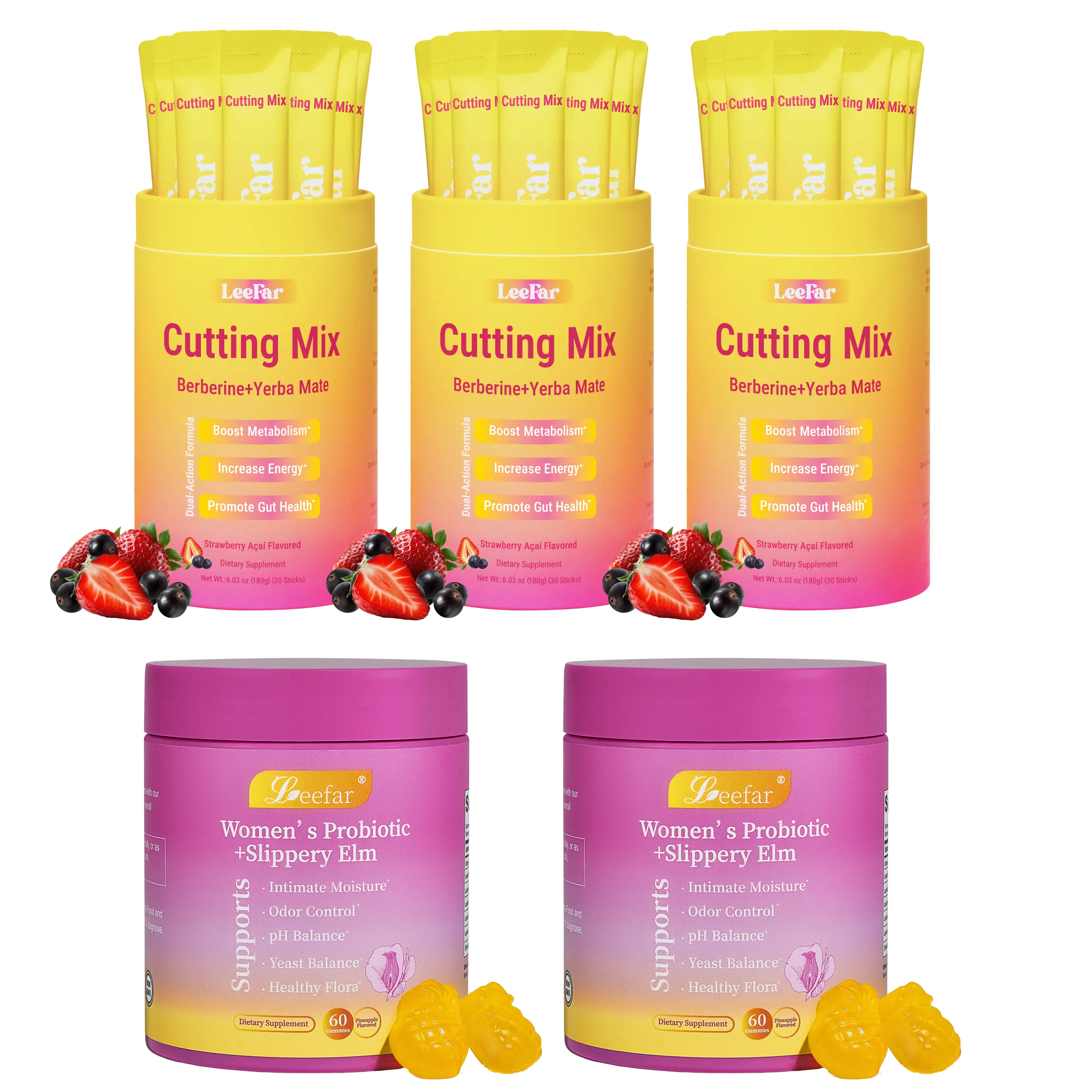 LeeFar Signature Bundle: Women's Probiotics Pineapple Gummies*3 Bottles & Cutting Drink Mix*2 Jars