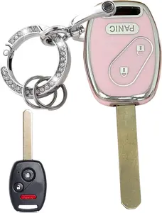Keyless Entry Systems Key for Honda Key Fob Cover Shell with Keychain Fit for Honda Accord/Civic/CR-V/Fit/Odyssey/Pilot/Ridgeline/CR-Z (3Buttons Silver-Pink)