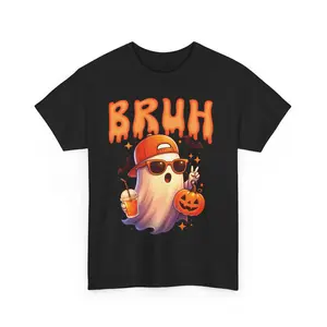 Funny Bruh Meme Halloween Shirt for boys mens Cute Ghost Halloween Unisex Heavy Cotton Tee