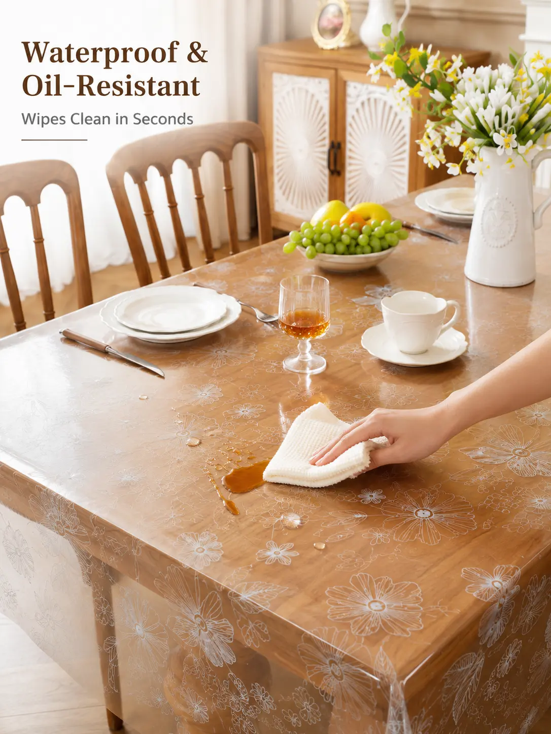 Floral-Print PVC Tablecloth—Waterproof, Grease-Resistant, Transparent Plastic Table Mat; Wipes Clean in a Flash; Perfect for Kitchen Dining Tables, Thanksgiving, Halloween, and Christmas Parties (Available in 4 Sizes)