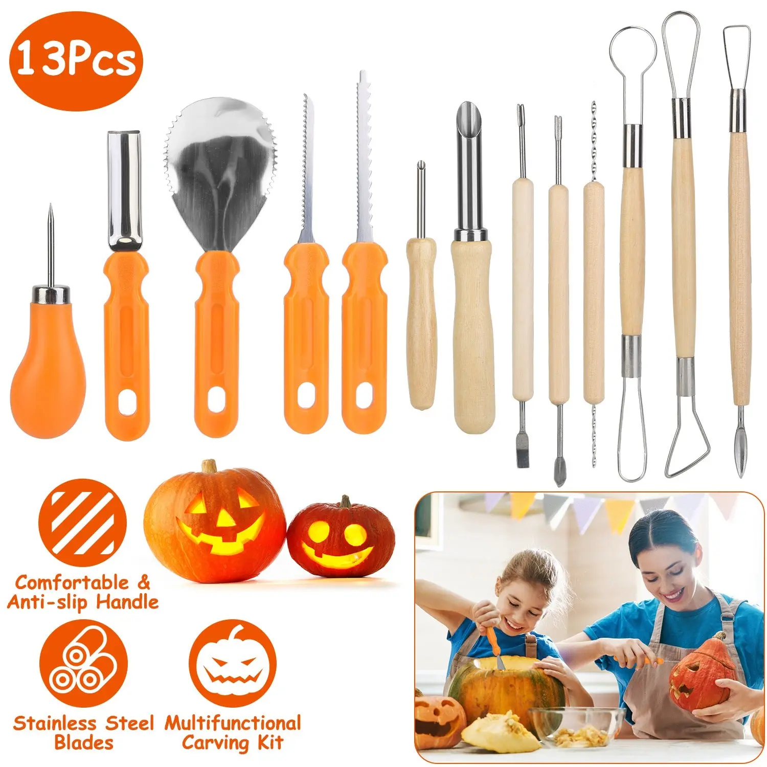 13pcs Sturdy & Durable Stainless Steel Halloween Pumpkin Carving Chisel Kit with Anti-Slip Wooden Handles, Kids Hand Tool Set for Vegetables, Ideal Halloween Gift