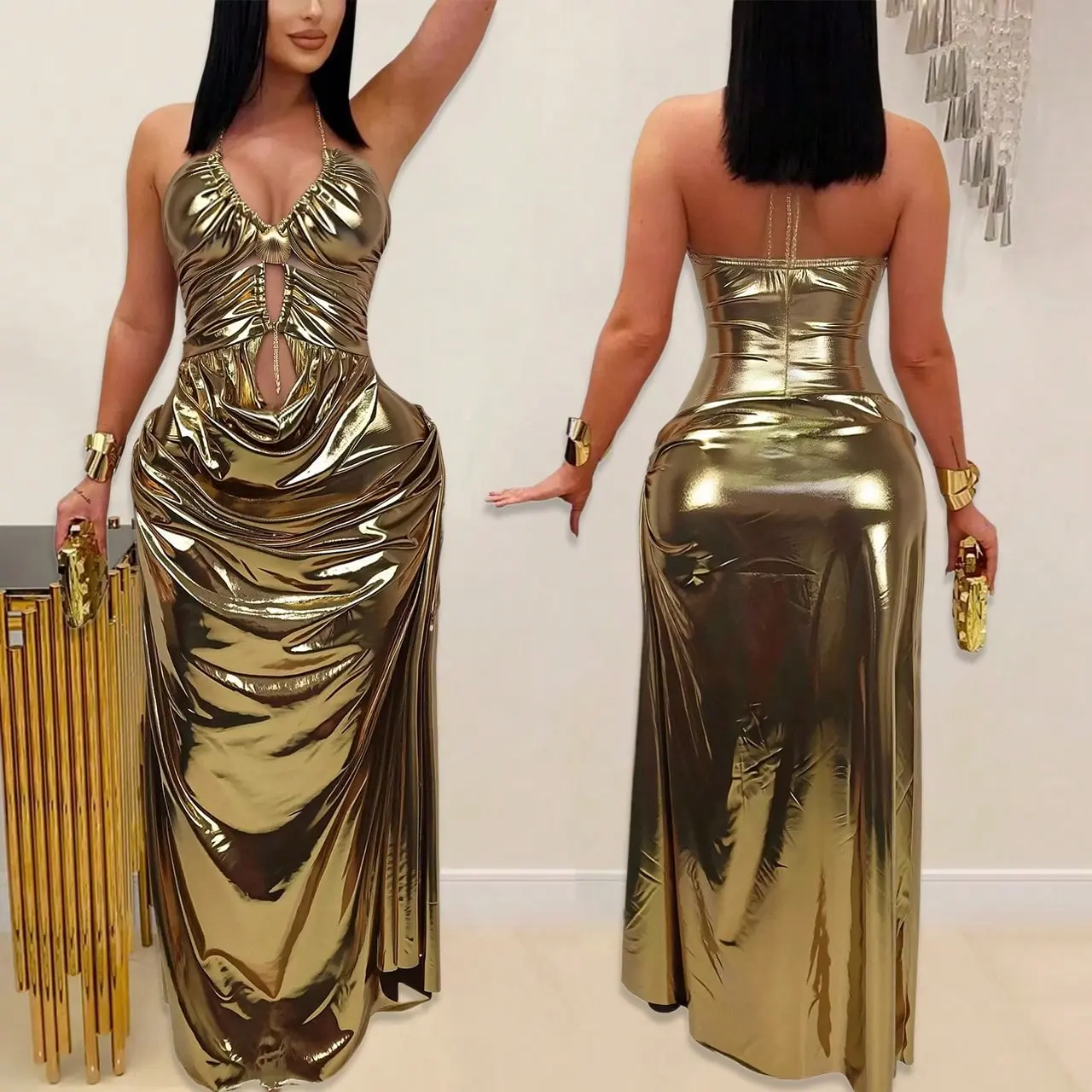 Women's wedding guest dresses Sleeveless Golden Halter Neck Bodycon Dress,Ruched Backless, Chic Formal Wear, Party Dress for Women, Ideal for Party Cocktail Events