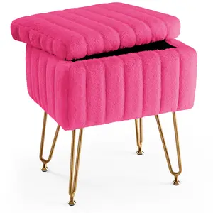 Vanity Stool Chair with Hidden Storage, Cute Faux Fur Makeup Stool Ottoman with Metal Legs, Small Dressing Chair for Bedroom Dorm,