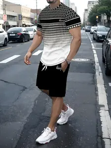 Men's Two-Piece Casual Set, Plaid Gradient Print Round Neck Short Sleeve Top and Shorts, Daily Wear and Vacation