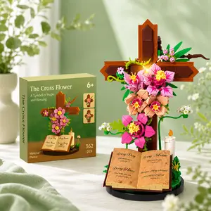 Jesus Cross Flower Building Set, 362 PCS Christian Crucifix Floral Display with Bible Base for Easter and Home Decor