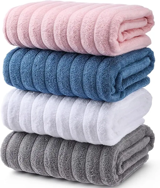 4-Piece Ribbed Striped Large Bath Towel Set, 27" x 55", Made of 100% Cotton, Plush and Highly Absorbent, Quick-Drying and Soft. Perfect for Body Drying, Bathroom, Shower, Pool, Gym, Spa, and Hotel Use.