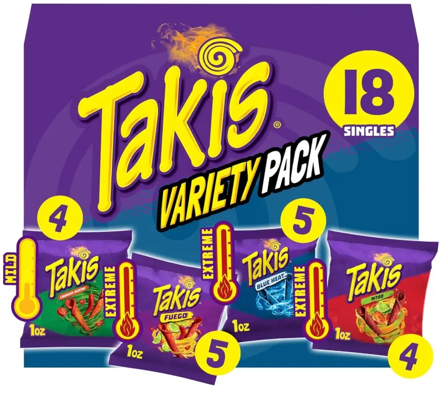 Takis 18 pc / 1 oz Variety Pack, Assorted Flavored Mixed Rolled Tortilla Chips – (5) Fuego, (5) Blue Heat, (4) Nitro, (4) Crunchy Fajitas