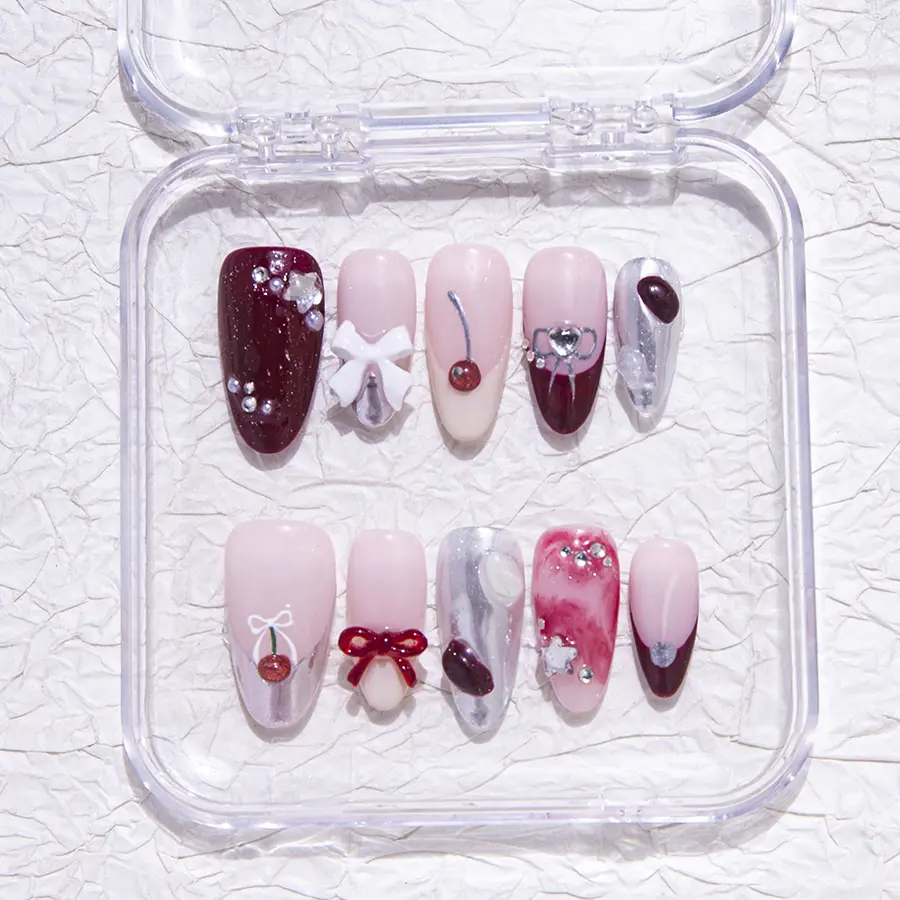 Iridescenal 10pcs the water drop press on nails,Y2K style, 100% handmade，reusable ,Red nails, paired with bows, cherries, smudges, rhinestones, pearls, five-pointed stars，suitable for daily wear and matching, and also the best gift for girls and ladies