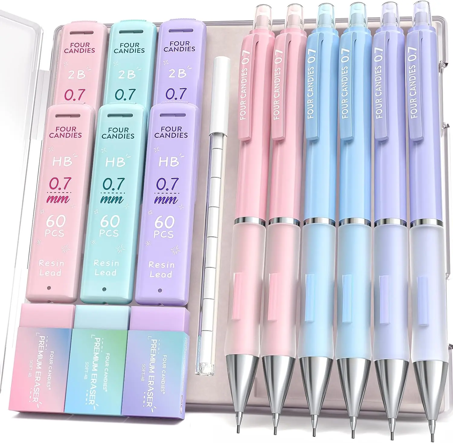 Four Candies 0.7mm Mechanical Pencil Set - 6PCS Cute Pencils with 360PCS HB & 2B Lead Refills, 3PCS Pastel Erasers and 9PCS Eraser Refills, Aesthetic School Supplies for Student Writing Drawing pencil