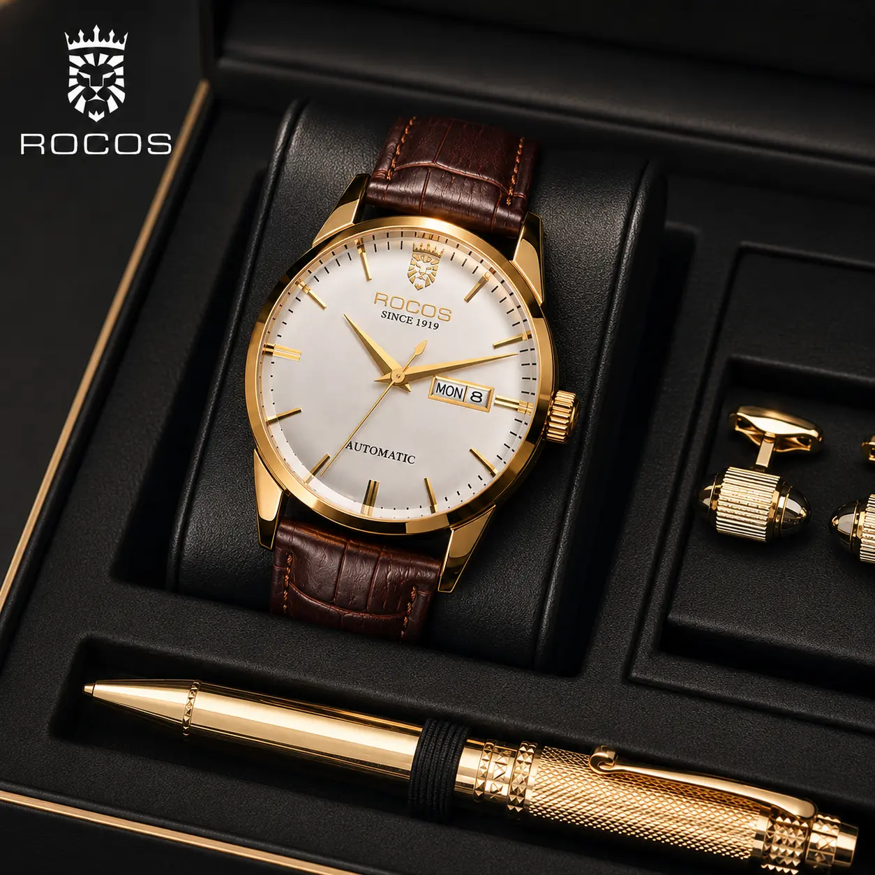 ROCOSJEWE Men's Automatic Mechanical Watch, Minimalist 40mm Dress Watch with Stainless Steel Case, Genuine Cowhide Leather Strap, 3ATM Waterproof Analog Display, Father's Day Gift, Father's Day Gifts, Dad Gift