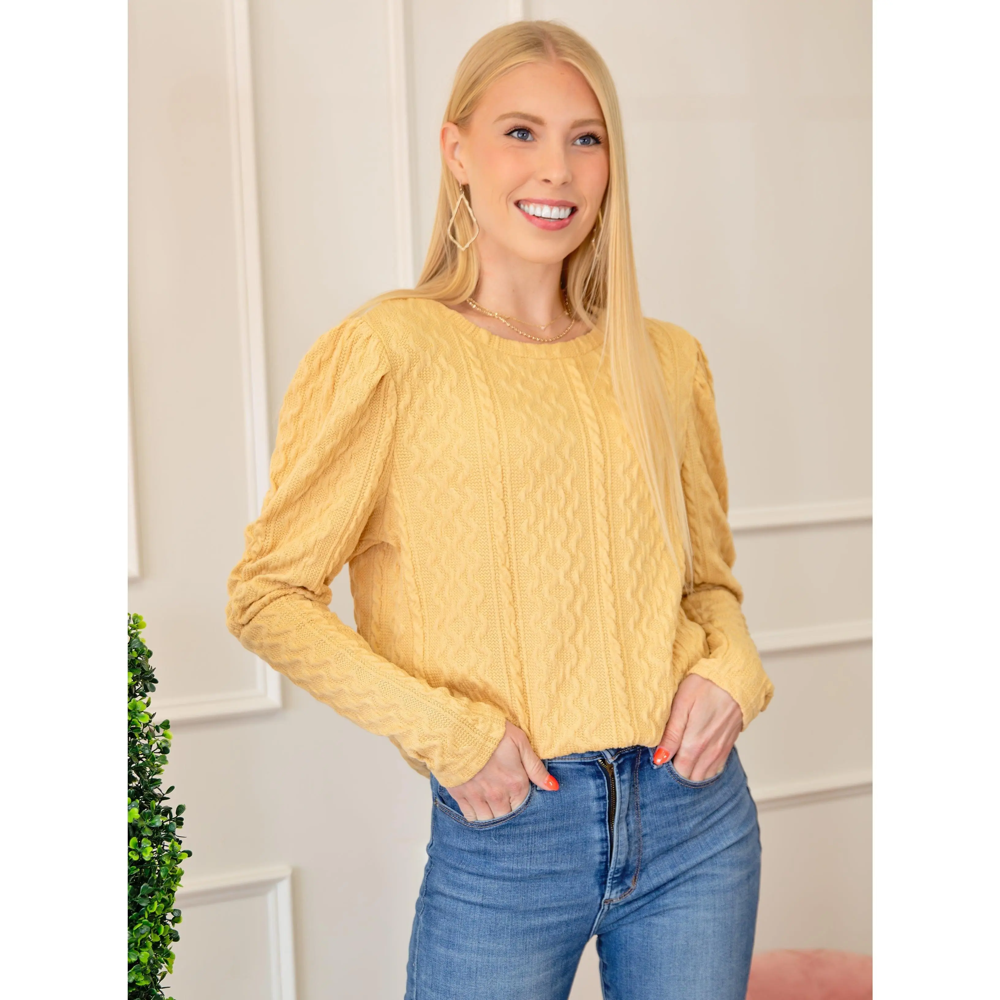 Puffy Sleeve Textured Knit Sweater