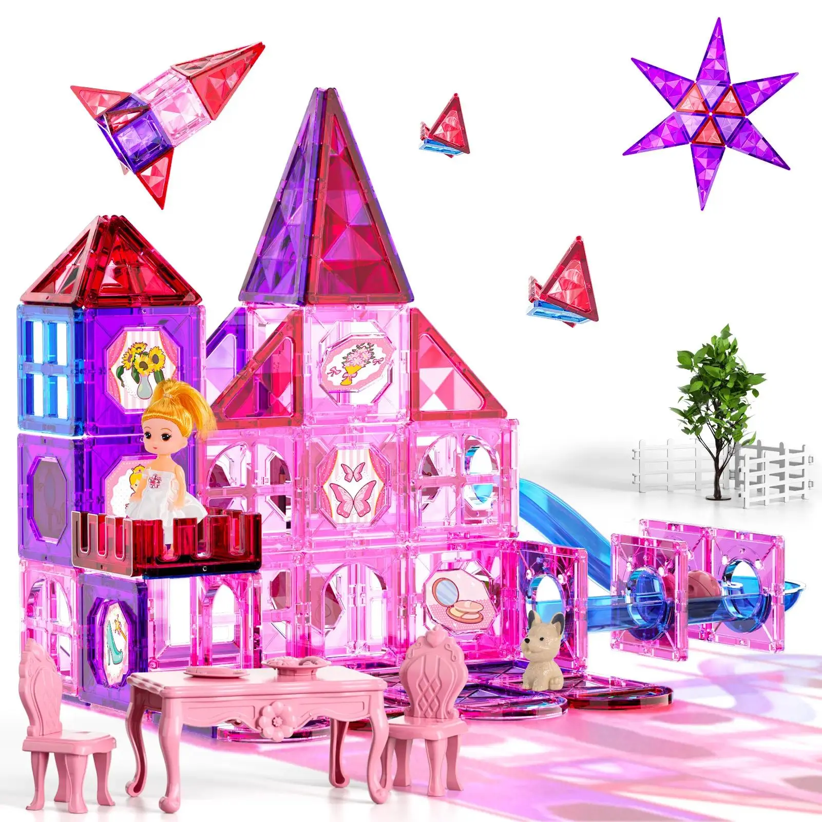 154-Piece Magnetic Construction Tiles Collectible Building Blocks Set, Unisex STEM Toy with Princess Dollhouse, Includes Dolls, Festive Party Bags, 154 Pcs Festive Gifting Birthday Gift for Toddlers