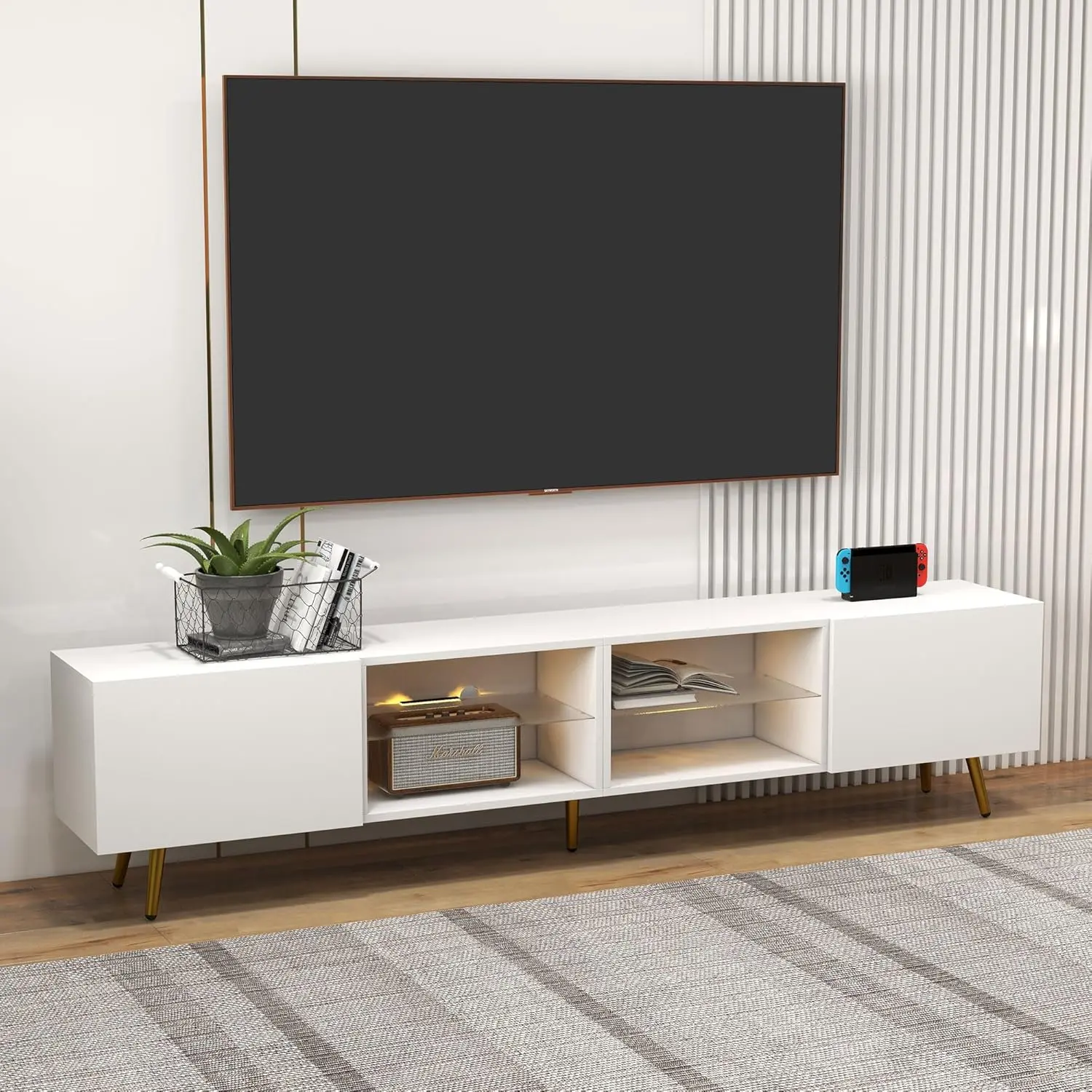 EBELLO 86" LED TV Stand, Modern Entertainment Center up to 75" 80" 85" TV, Television Console Table with Storage Cabinets for Living Room, White