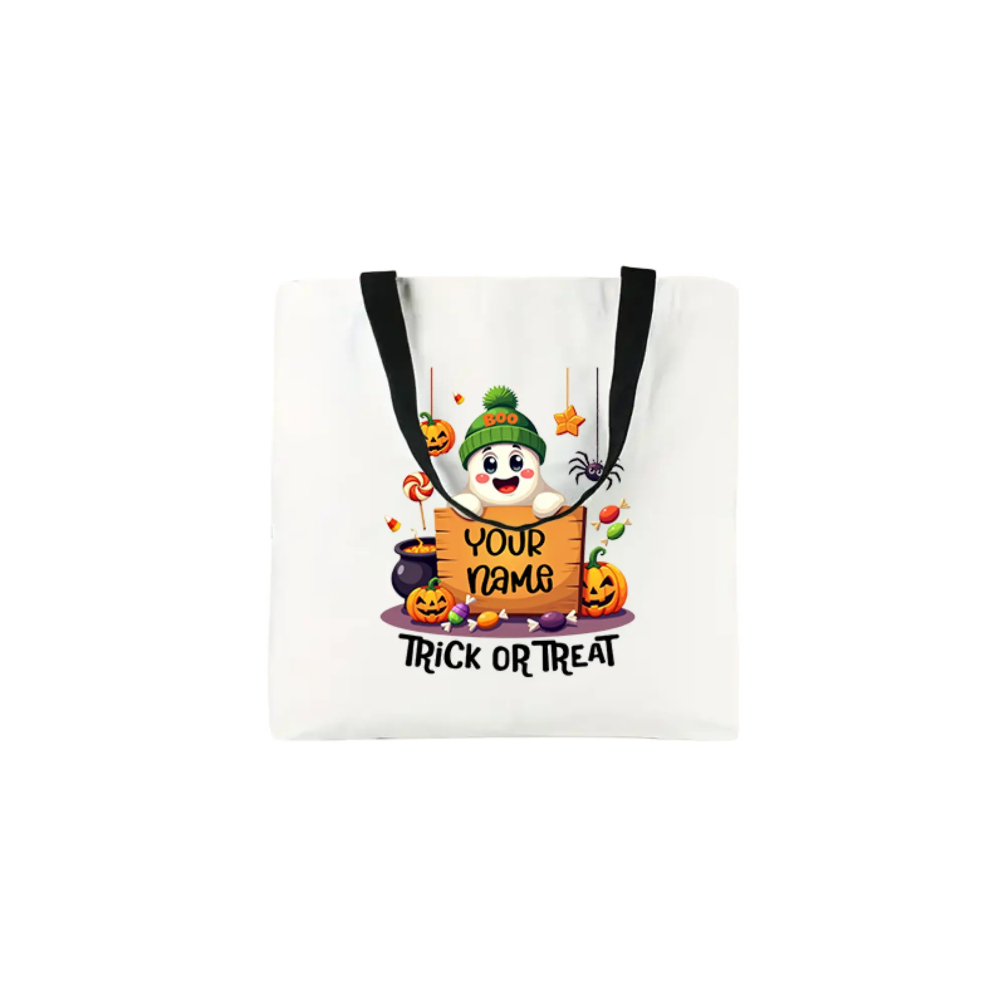 Women's Reusable Halloween Trick-or-Treat Tote Bag - Customizable, Personalization Option, Ghost and Pumpkin Graphics, Black Straps - Ideal for Spooky Events, Fall Gifting