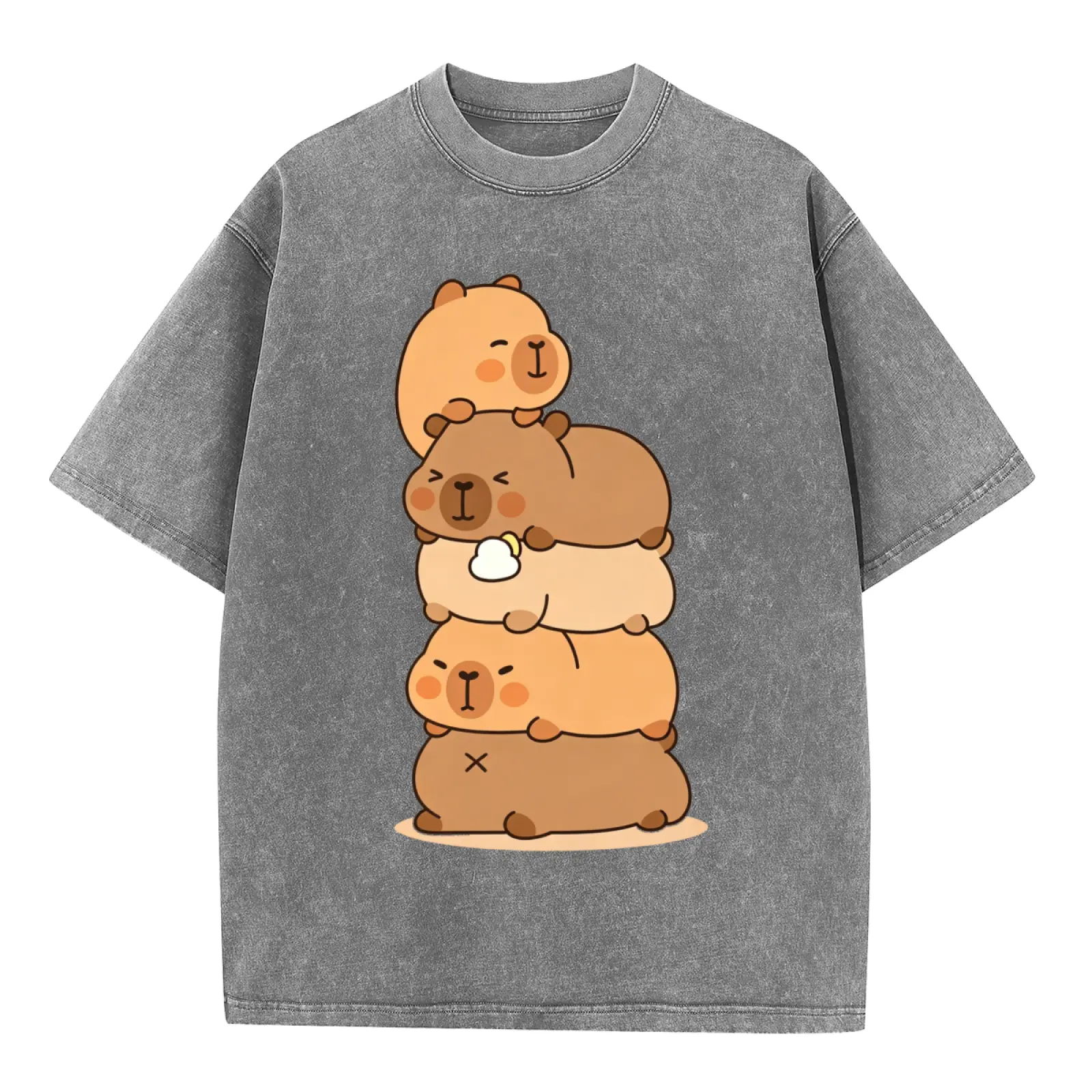 Women's Vintage Washed T-Shirt (3-Pack), Oversized Fit with Kawaii Stacked Capybara Graphic, Unisex Streetwear Top for Loungewear & Nightwear