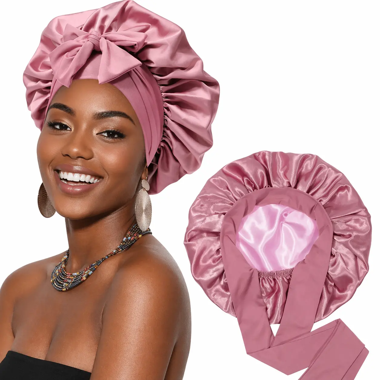 Double Layer Bonnet with Elastic Tie Band Silky Bonnet Satin Bonnet Hair Bonnet for Sleeping for Women Natural Cruly Hair Hair Protection Haircare