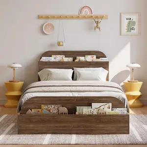 Garvee XL Twin Size Wooden Bed Frame with Elevated Feeding Table, Storage Headboard, and Low Platform Design for Bedroom