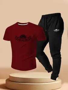 Men's Lotus Mandala Totem Print Two-Piece Set, Casual Short Sleeve T-Shirt + Sports Pants, Summer Zen Style Leisure Wear