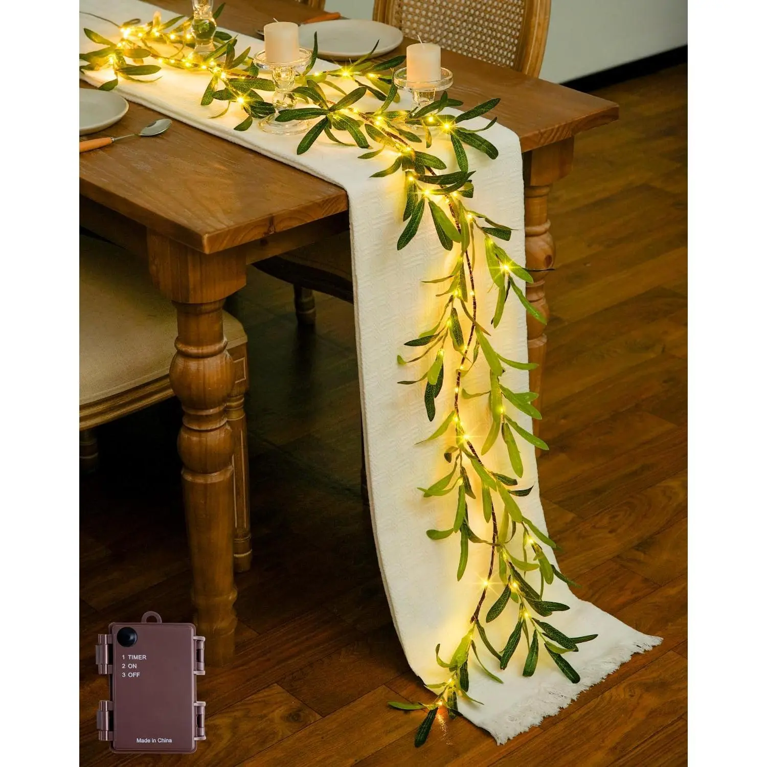 Artificial Olive Lighted Garland for Fireplace Decor  100 LED 6 Ft Christmas Mantel Fairy Lights Battery Operated Vines with Table Bedroom Fall Decoration