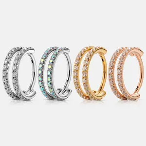 KUTLAN 20G Titanium Double Row Micro Gems Hinged Nose Hoop