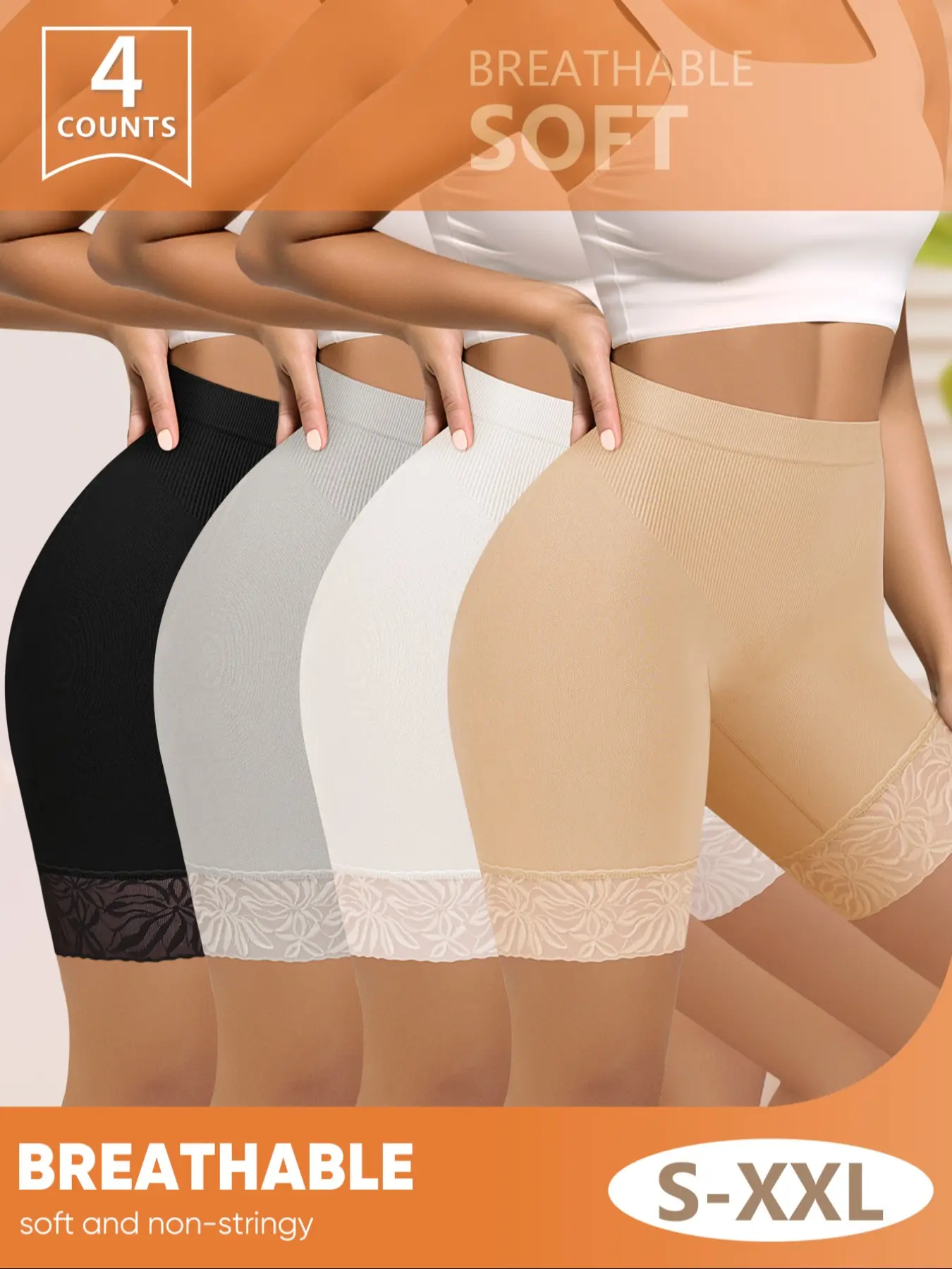 4 Pack Women's Safety Pants, Breathable Soft Lace Trim, S-Xxl Sizes Available, Comfortable, Fit & Versatile Casual Wear, High Waist Underwear, High Waisted Panties, Soft Comfy Knicker, Lace Trim Knickers
