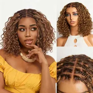 Ombre Brown Highlight Boho Braids Deep Curly Glueless 5x5 Closure Lace Short Curly Wig 100% Human Hair