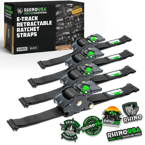 Rhino USA 2”x10’ Retractable E-Track Ratchet Straps: 3033lb Max Break Strength Compatible with E Track Rail Systems only