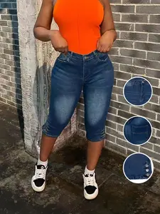 Women's Plus Size Tight-Fitting Button Pocket Trendy Denim Jean Seven-Quarter Pants, Casual Style, No Ca Prop 65 Warning, Womenswear