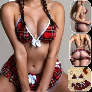 New styleWomen’s Plaid Lingerie Set – Halter Top with Mini Skirt and G-String Sleepwear First Wear Guarantee Matching  shop  black  friday  sales wire  bra smoothing  bra letter tape bra bed seduction clothes