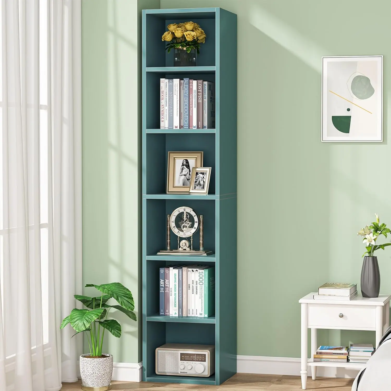 TRIBEWOOD MDF Narrow Corner Shelf Bookcase - 70.9"H 6-Tier Cube Storage Unit, 11.8"W×11.8"D, Anti-Tip Kit, Room/Bathroom Storage, Small Room Ideas, Prevent Tipping Injuries, Home Office Use