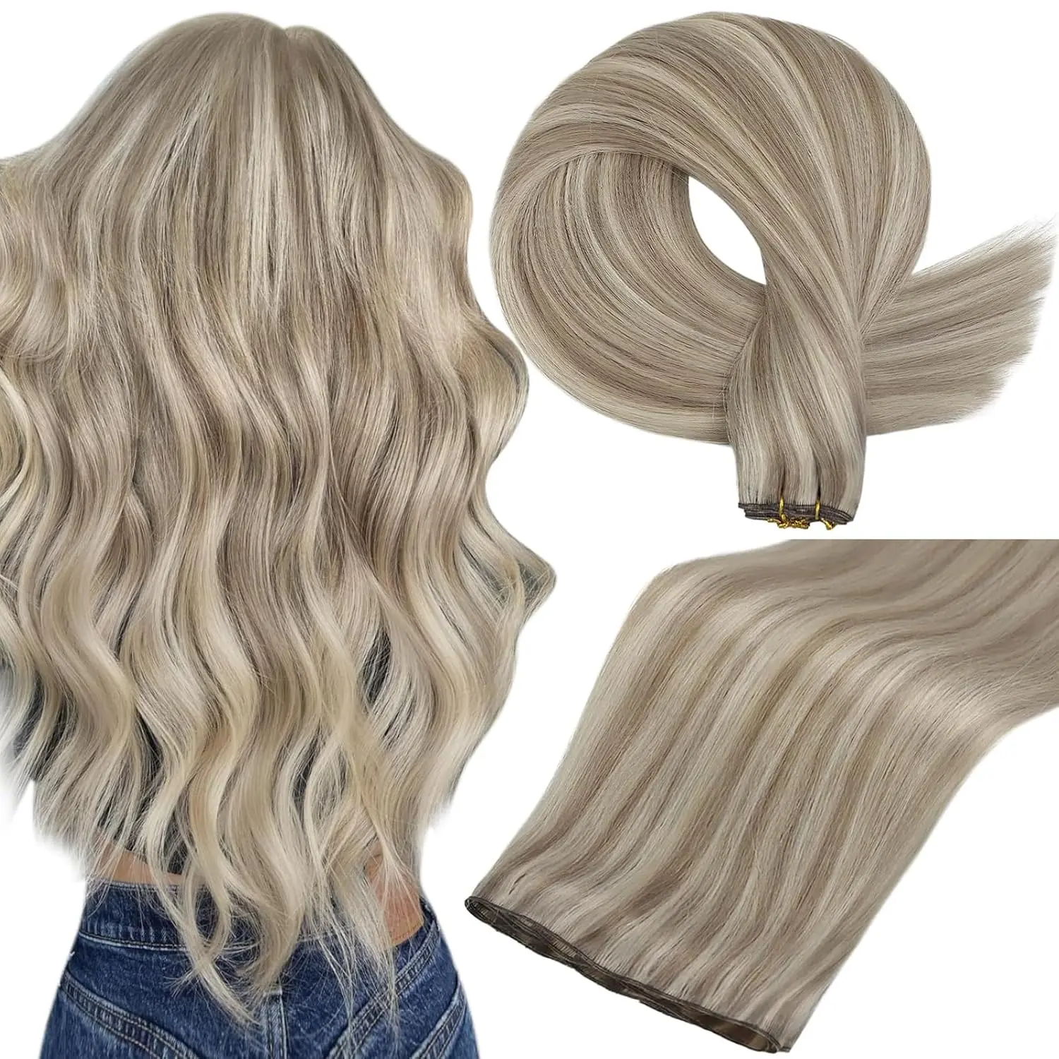 Full Shine Genius Weft Hair Extensions Natural Straight Real Human Hair 50G-60G Tied Double Weft Extensions Remy Hair Weft Extensions For Women Sew In Hair Extensions #tiktokshopsummersale