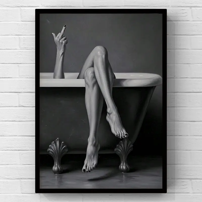 Black & white bathtub “Sassy Woman” legs art, minimalist artistic hanging artwork; 2D flat print canvas wall art poster; wall decoration/home decor; brightly decorated prints; edgy bathroom wall decor; modern aesthetic home wall decor for bedroom.
