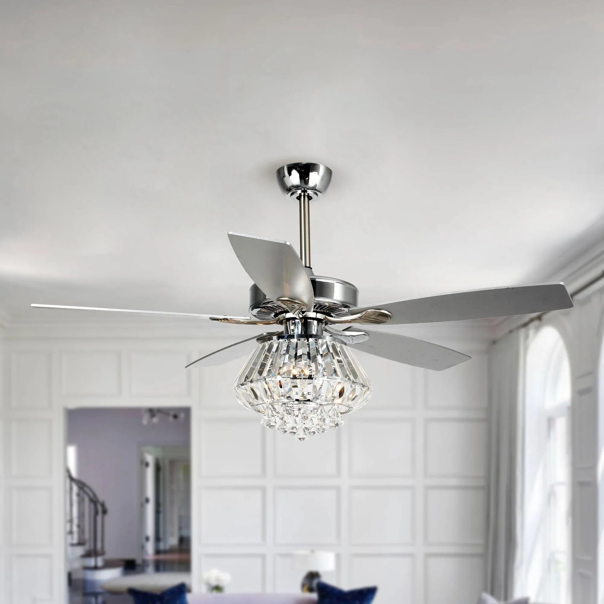 52" Kerala Modern Chrome Crystal Ceiling Fan, Downrod Mount, Reversible Blades with LED Light & Remote Control