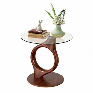 Giratree 27" Round Glass Coffee Table with Sculptural Wood Base – Modern Accent Table for Living Room