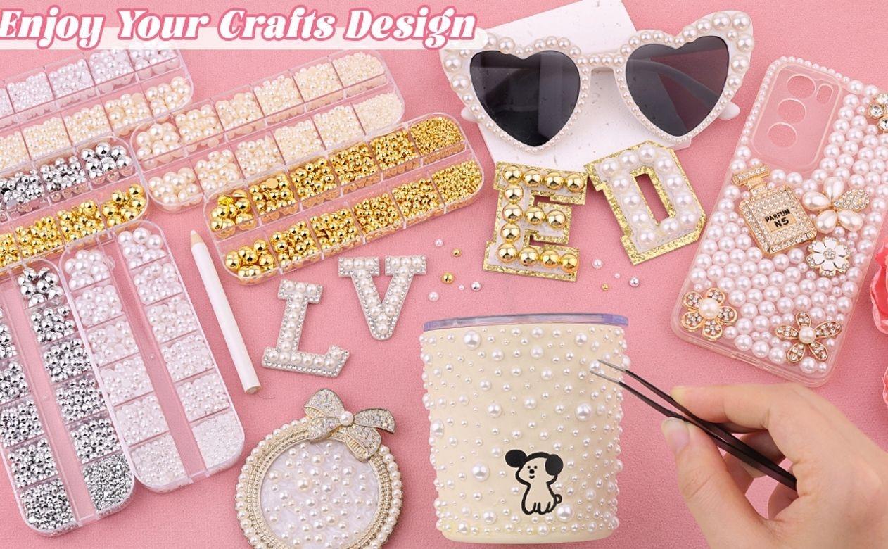 Silver Nail Charms and Gems, Half Round Flatback Pearl Nail Charms, Nail Pearls Rhinestones Kit Silver Beads for Nails with Pencil and Tweezer for DIY Nail Art, Face Makeup and Crafting