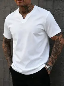 Men's V Neck Fitted T-Shirt, Casual Short Sleeve Plain T-Shirt, Summer Basic Top, Casual Tee, Long H-Type Silhouette, Without Collar, Menswear