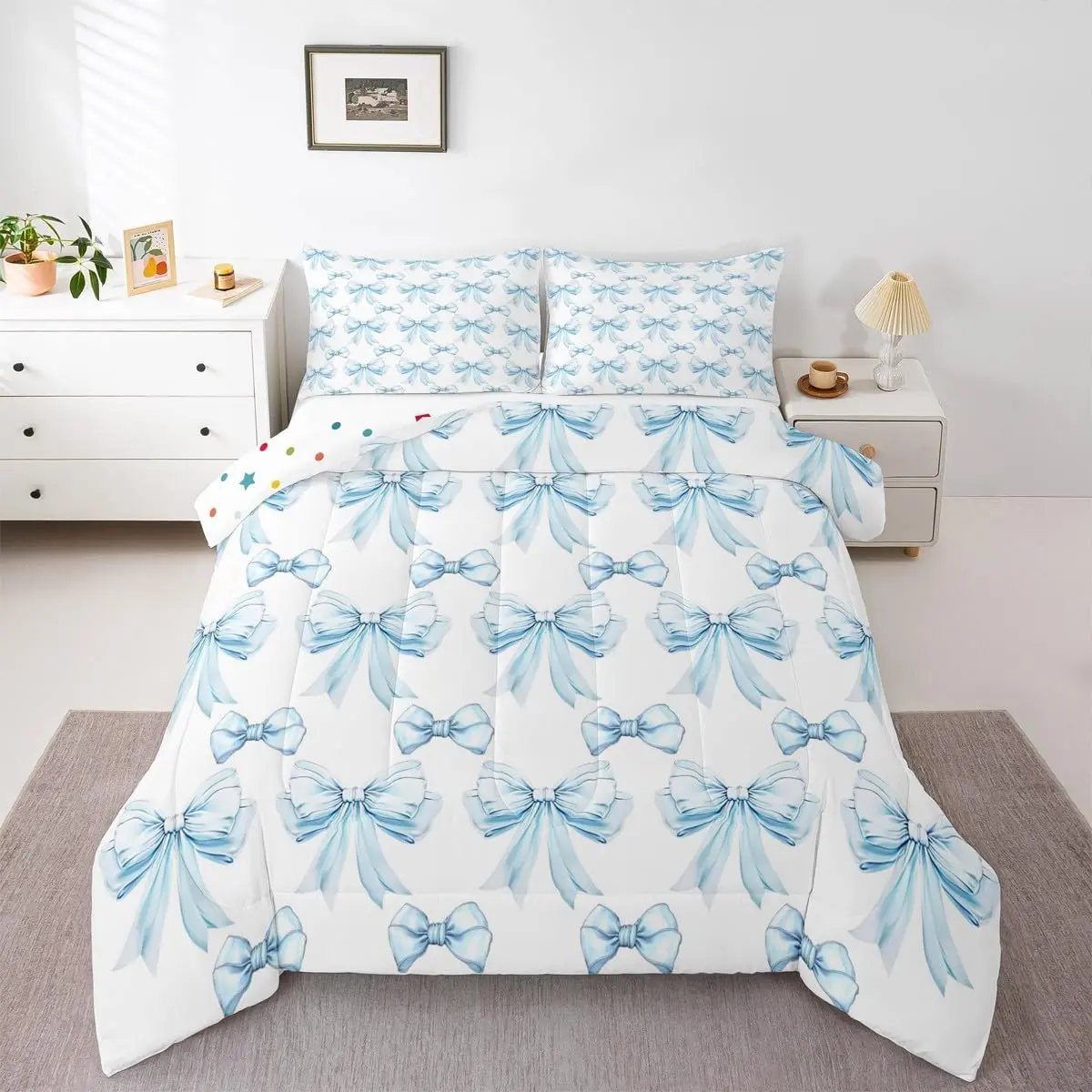 Blue Bow Comforter Set for - Cute Bows Bedding Sets,Blue and White Bowknot Bed Set,Princess Ribbon Bow Tie Kawaii Room Decor with 1 Pillowcase