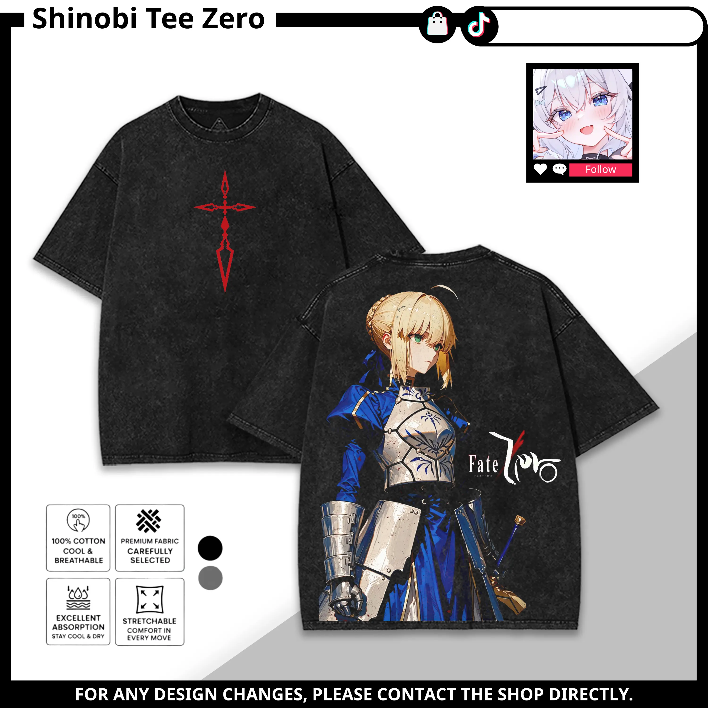 Saber Artoria Pendragon Fate 0 Cotton Fabric Vintage Washed Oversized Anime Graphic Tee, Tanktop, Sweatshirt, Hoodie - Men's Manga Streetwear Gift