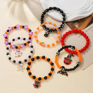 7 Pcs Halloween Beaded Bracelet Set – Natural Resin, Assorted Pumpkin/Ghost/Bat/Skull/Spider/Little Devil Charms, Costume Accessories, Party Decoration & Party Supplies, Trick-or-Treat Gifts, Perfect for Halloween outfit Stackable