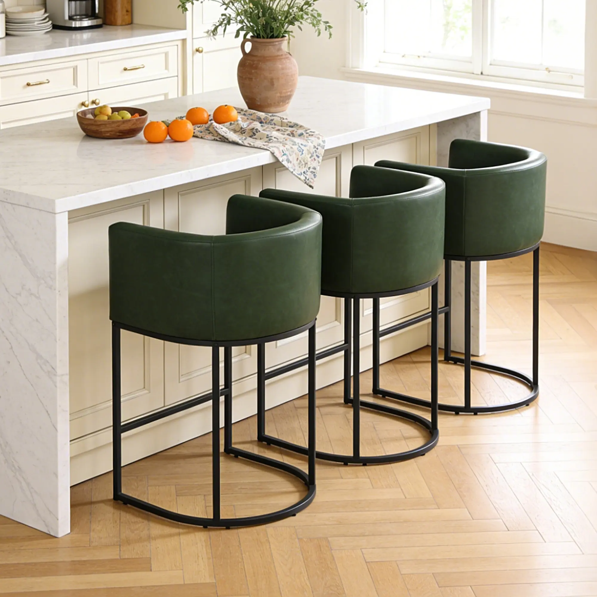 Bar Stool Set - 26in Counter Height Indoor Barrel Chairs, PU Leather Upholstery, Backrest, Armrests, Black Metal Frames, 3.8in Thick Foam Cushion, Adjustable Anti-Scratch Floor Pads, Quick Setup for Kitchen Islands, Wipes Clean Fast