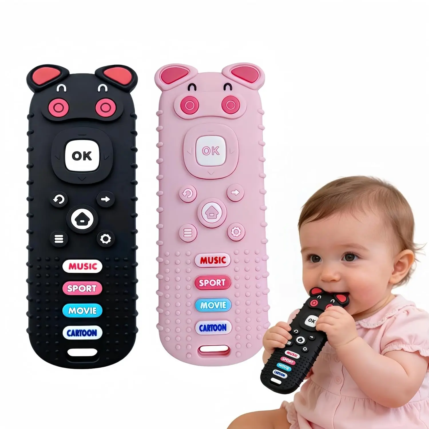 2Pcs Baby Teething Toys  BPA-Free Food Grade Silicone Baby Remote Control Teething Toy for 3-18 Months  Baby Remote Teether  Newborn Teething Relief TV Remote Pig Shaped Toy