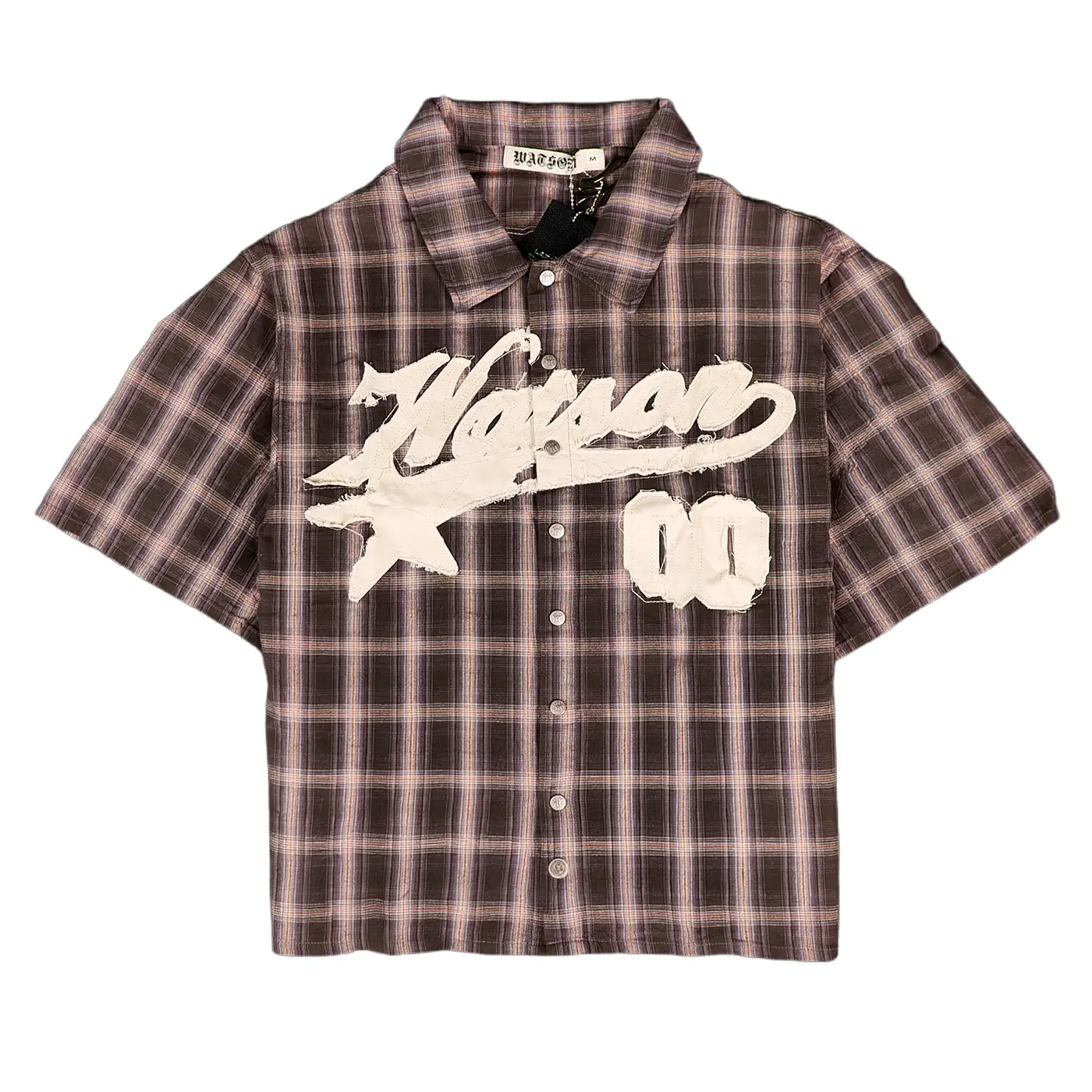 Men's WATSON STUDIOS Distressed Black Cotton Short-Sleeve Flannel Shirt, Aesthetic Casual Day Top
