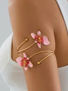 Double-Head Enamel Glazed Floral Open Bangles, Flower Design Bracelet, Minimalist & Elegant Design, Perfect for Mother's Day Gifts, Party Accessories, Daily Wear