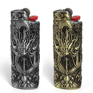 2 Pack Vintage Metal Lighter Case Cover Holder, Carving Dragon Stamped Lighter Sleeve, Reusable Protective Pouches Compatible with BIC/J6 Series Lighter