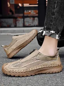 Men's Solid Color Mesh Zipper Toe Casual Shoes, Soft Sole, Non-Slip, Hand-Stitched, Breathable Slip-On Lazy Dad Shoes