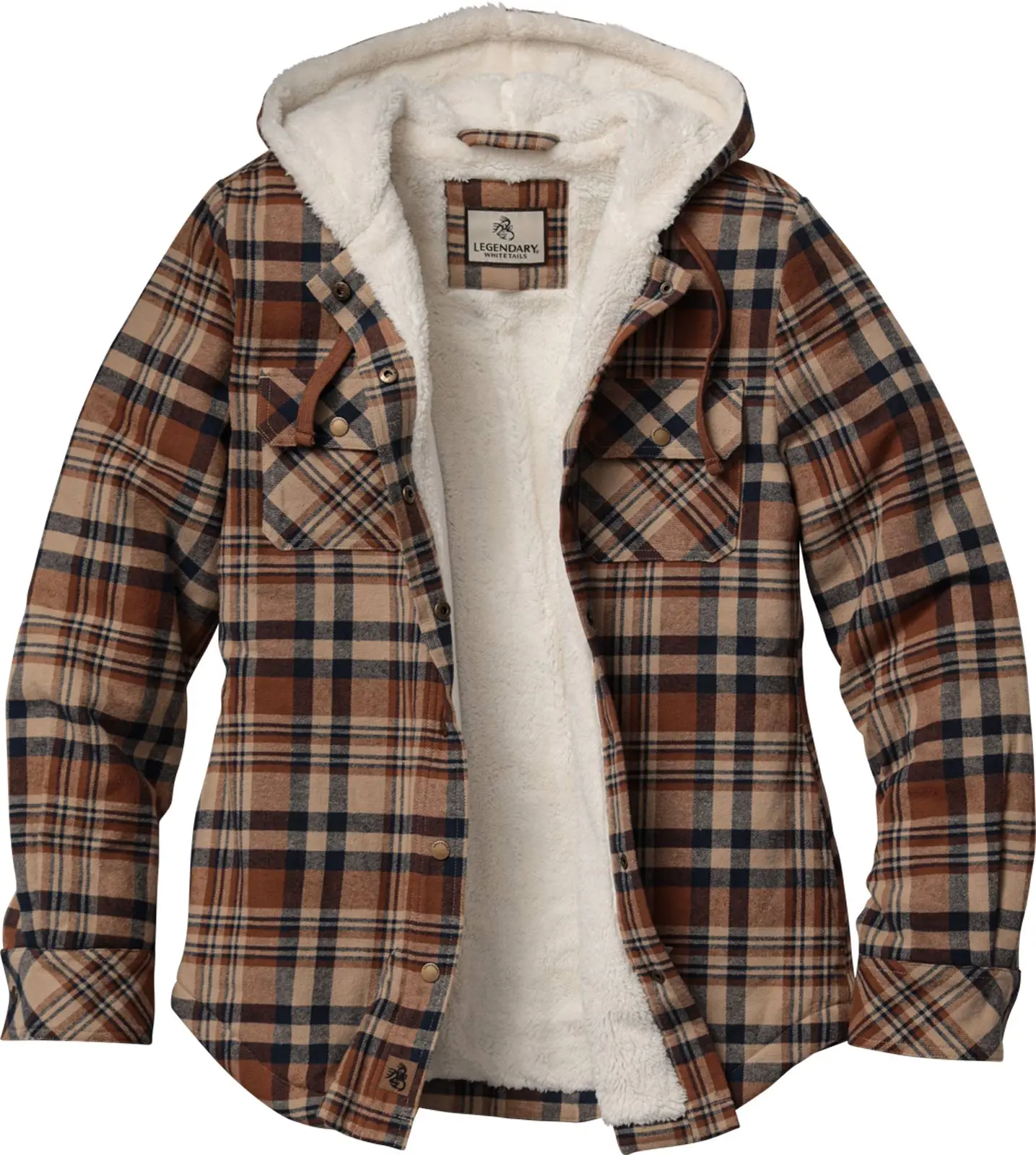 LEGENDARY WHITETAILS Women's Cotton Open Country Sherpa-Lined Hooded Shirt Jacket with Pockets, Locker Loop at Back, Outdoor Coats