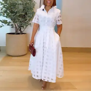 ChicMe 2026 Women's Turn-down Collar Plaid Mesh Double-Layered Cinched Waist A Line Shirt Dress Button Down Bow Tie Waist Maxi Dress for Wedding Guest & Wedding