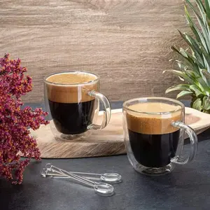 7.5 Oz Double Walled Espresso, Tea Glass Coffee Mugs Set of 4 Double Wall Handle Coffee Mugs coffee mug Can-Shaped Glass Cup Set with Lid and Straw